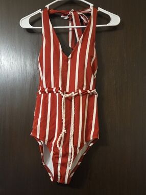 KONA SOL Red and White Striped Halter swimsuit Small